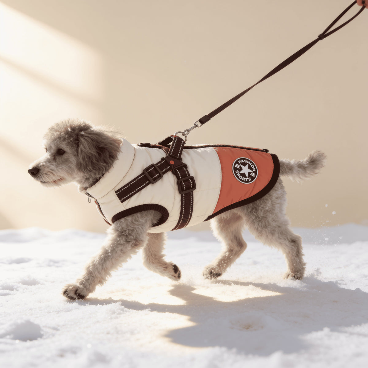 Chien portant un manteau chaud avec harnais intégré