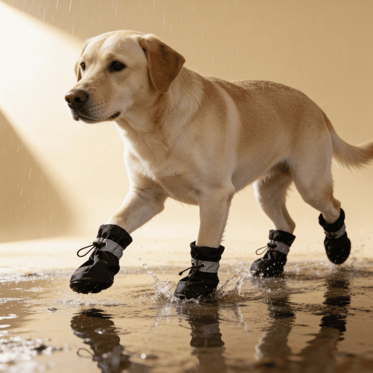 Chien portant des bottes imperméables après une promenade