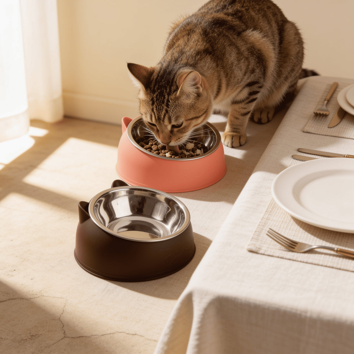Chat senior mangeant dans une gamelle ergonomique